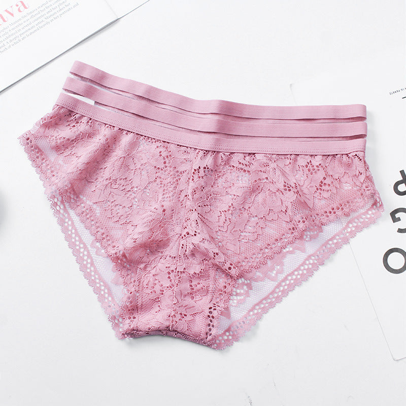 Lace Hollow Transparent Mesh Panties – Mid-Waist Seamless Briefs with Hip-Lifting & Breathable Comfort