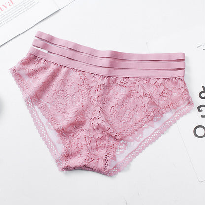 Lace Hollow Transparent Mesh Panties – Mid-Waist Seamless Briefs with Hip-Lifting & Breathable Comfort