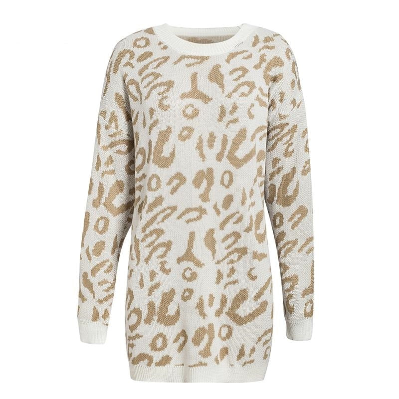 Knitted Long Sleeve Pullover Women's Loose Leopard Print Oversized Sweaters