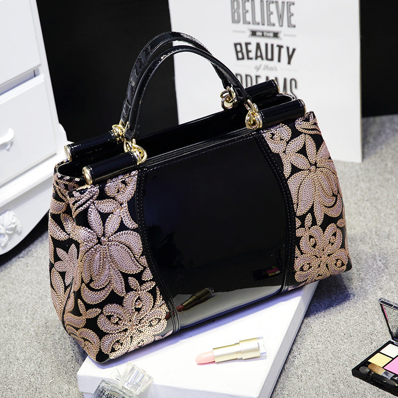 Glamorous Patent Leather Handbag Sequin Bead Shoulder Crossbody