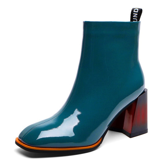 Square Heel Patent Leather Brillant Ankle Boots
