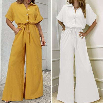 Vintage Refinement: Tailored Single-Breasted Wide-Leg Jumpsuit