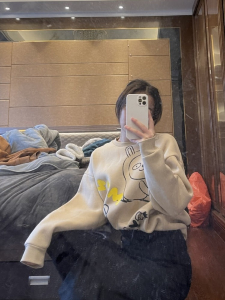 Women’s Cartoon Print Crewneck Sweater – Loose Sweet Style Pullover