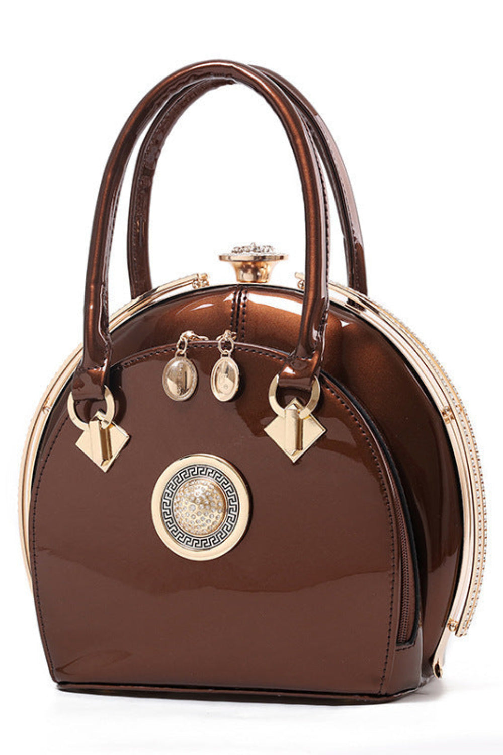 Brown handbag with gold accents on a white background