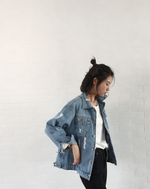Women Frayed Ripped Denim Jacket