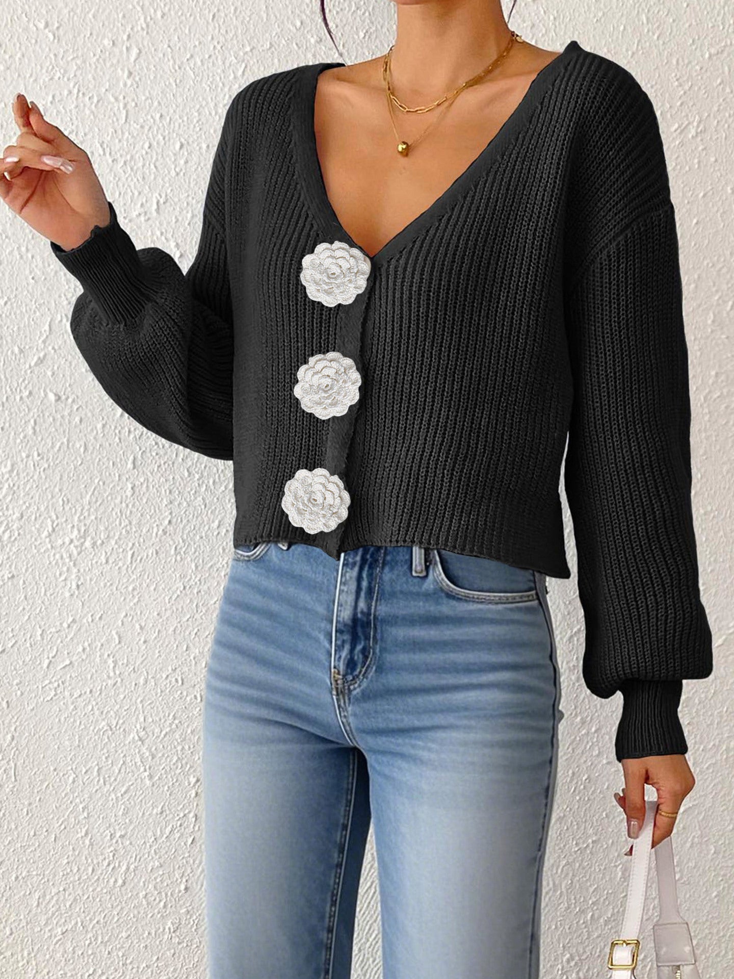 Women’s Knitted Crochet Cardigan – Decorative Button Short Coat with 3D Flower Stitching
