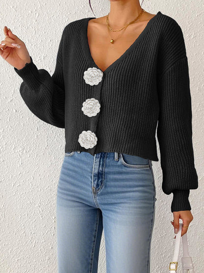 Women’s Knitted Crochet Cardigan – Decorative Button Short Coat with 3D Flower Stitching