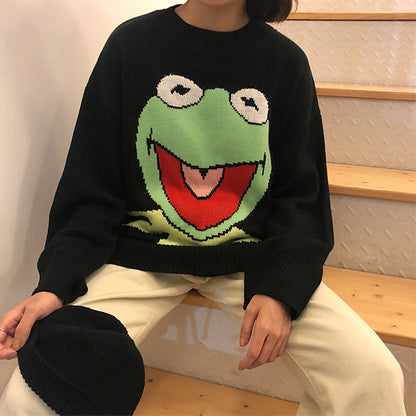 Oversized Frog Knit Crew Neck Sweater for Women – Cute Anime Pullover Aesthetic