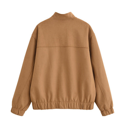 Autumn Camel Color Suede Short Jacket For Women