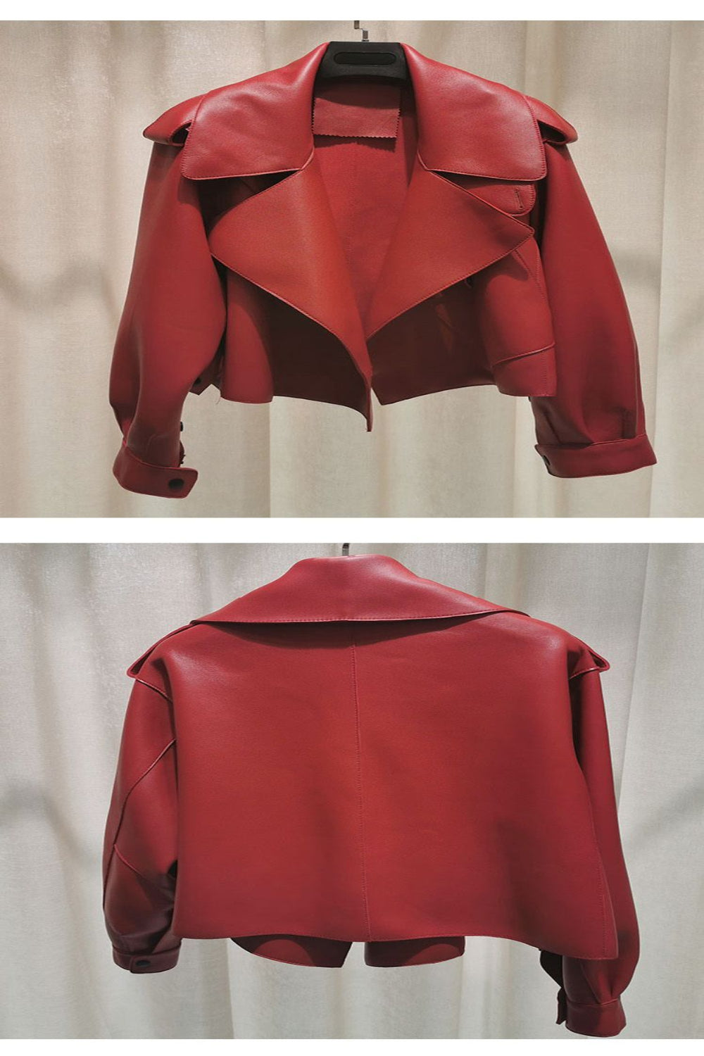 Red leather jacket shown from front and back on a plain background