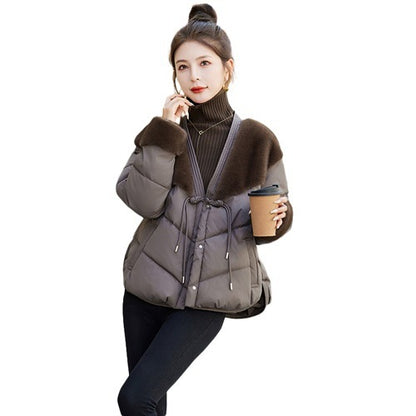 Women Cotton Padded Down Fur Hooded Edge Warm Parka