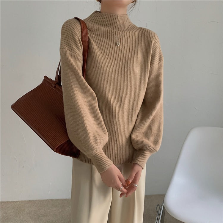 Apricot Sweet Long Sleeve Pullover for Women – Slim Fit, Bubble Sleeves, Knitted Wool Sweater