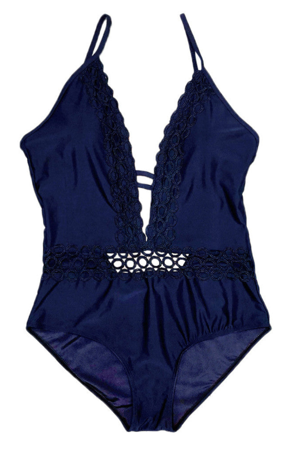 Navy blue swimsuit with lace details on a white background