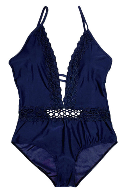 Navy blue swimsuit with lace details on a white background