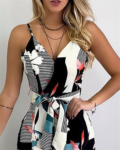 Printed Suspender Wide-Leg Jumpsuit for Women – Casual Middle-Waist One-Piece Outfit