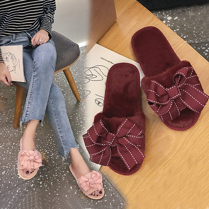 Furry Suede Women’s Slippers with Ribbon – Cozy Indoor Elegant Footwear