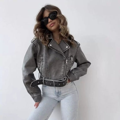 New Spring Autumn Fashion Womens Casual Belted Faux Leather Jackets