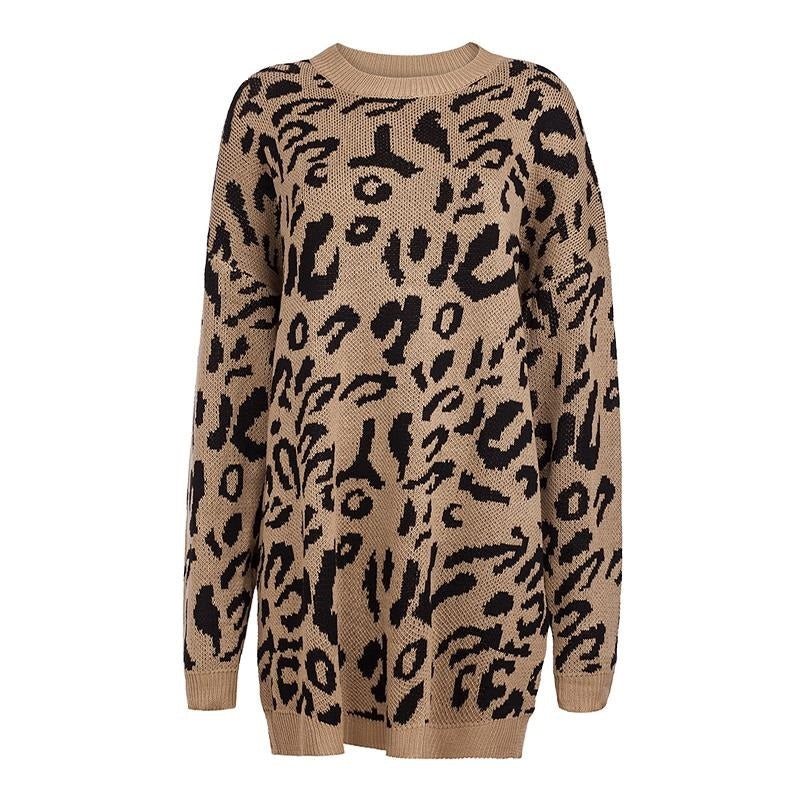 Knitted Long Sleeve Pullover Women's Loose Leopard Print Oversized Sweaters