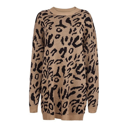 Knitted Long Sleeve Pullover Women's Loose Leopard Print Oversized Sweaters