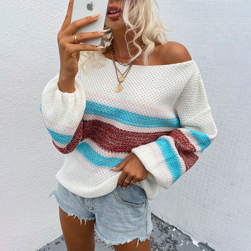 Rainbow Striped Off-Shoulder Oversized Sweaters for Women – Loose Pullover, Cute Street & Winter Outfit