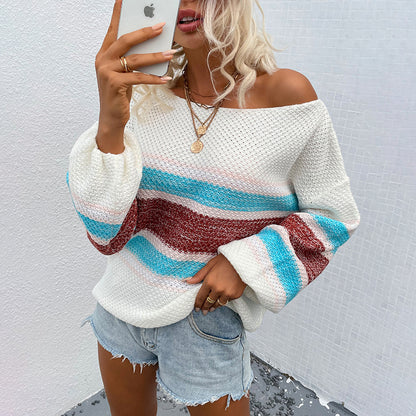 Rainbow Striped Off-Shoulder Oversized Sweaters for Women – Loose Pullover, Cute Street & Winter Outfit