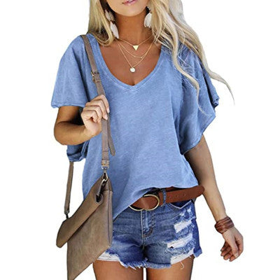 Summer V Neck Stitching Pullover T Shirt Loose Casual Solid Color Short Sleeved Top For Women Trendy Summer Style