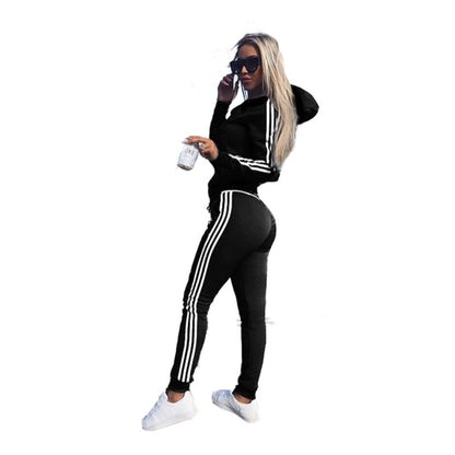 Autumn Women’s Striped Colorblock Hoodie & Cuffed Pants Set – Zipper Fly Sporty Streetwear Sweatpants Suit