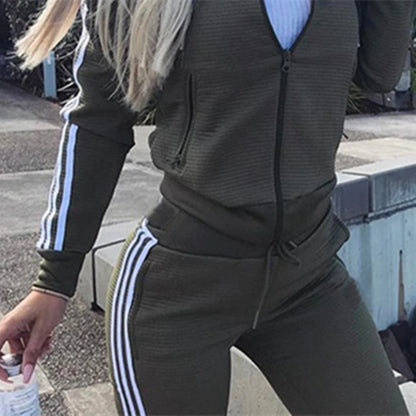 Autumn Women’s Striped Colorblock Hoodie & Cuffed Pants Set – Zipper Fly Sporty Streetwear Sweatpants Suit