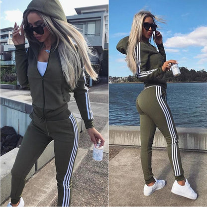 Autumn Women’s Striped Colorblock Hoodie & Cuffed Pants Set – Zipper Fly Sporty Streetwear Sweatpants Suit