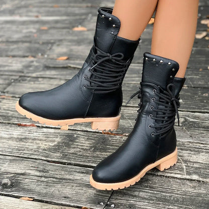 Women's Rivet Lace-Up Retro Mid-Calf Boots – 2025 Winter Knight Style Designer Shoes