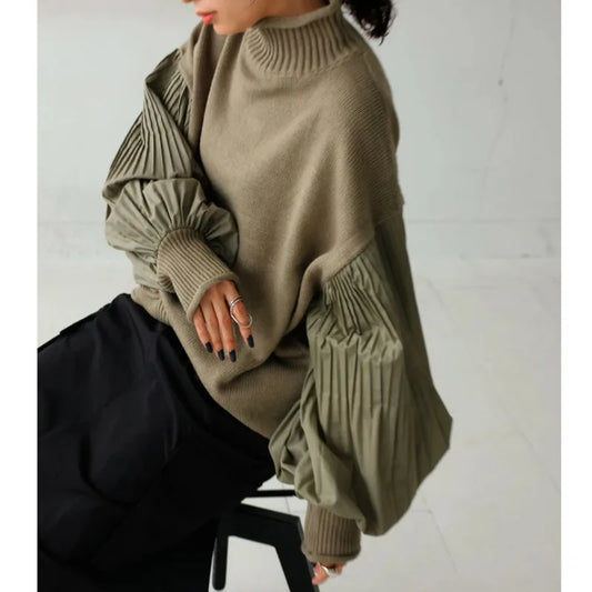 Lantern Sleeve Autumn Knitted Pullover Sweater for Women – Patchwork Turtleneck Pleated Lazy Oaf Loose Top Jacket