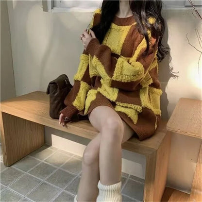 Checkered Sweater for Women – Thickened Inner Layer, Korean Lazy Style High-End Design for Autumn & Winter