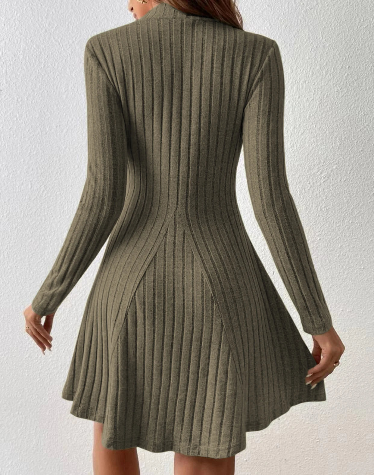 Elegant Long Sleeve Ribbed Mock Neck Solid Dress