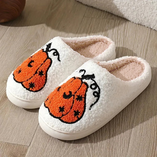 Women’s Pumpkin Print Indoor Slippers – Cozy Halloween House Shoes