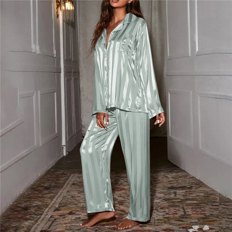 Women's Striped Satin Pajama Set – Solid French Silk 2-Piece Loungewear for Ultimate Comfort