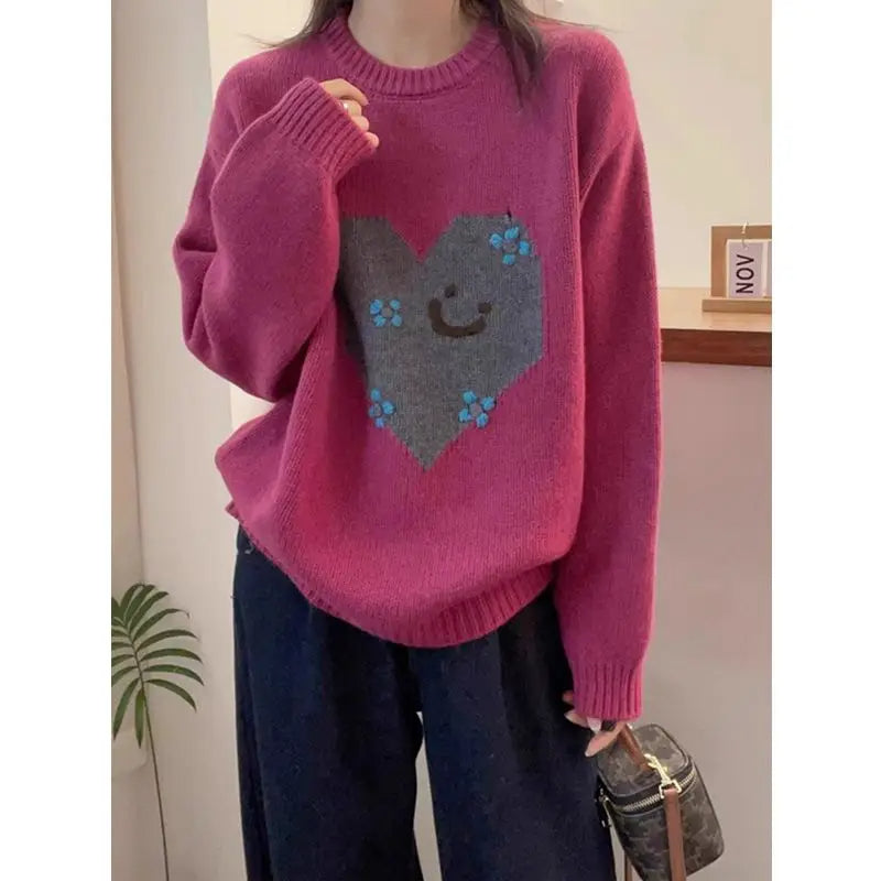 Vintage Heart Jacquard Sweater – Casual Loose Fit Round Neck Pullover for Women, Spring & Autumn Fashion