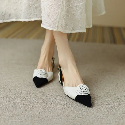 Vintage Chic: Pointed Toe Slingbacks with Camellia Detail