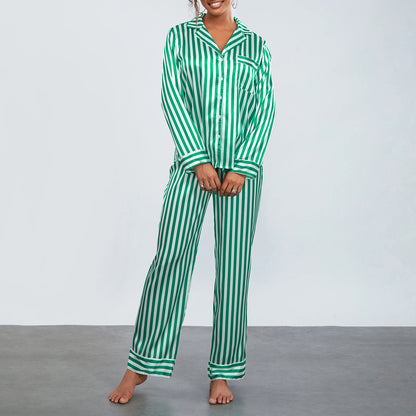 Striped Long Sleeve Satin Women's Christmas Pajama Sets