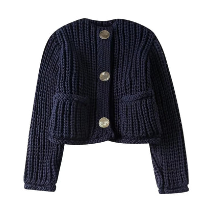Modern Heritage: Chic PU-Collar Loose Knit Cardigan
