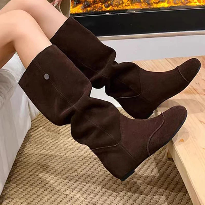 Women’s Faux Suede Long Boots – Flat Sole Slip-On Chelsea Style Winter Streetwear