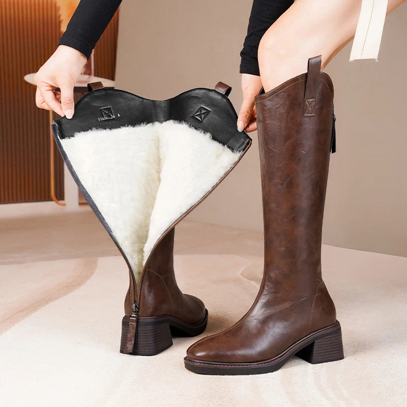 Women’s Long Leather Winter Boots – Wool Lined Mid-Calf Cowboy Style with Square Heel