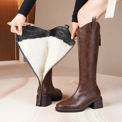 Women’s Long Leather Winter Boots – Wool Lined Mid-Calf Cowboy Style with Square Heel