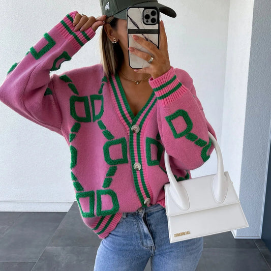 Autumn Fashion Womens Jacquard Weave Knitted Cardigan