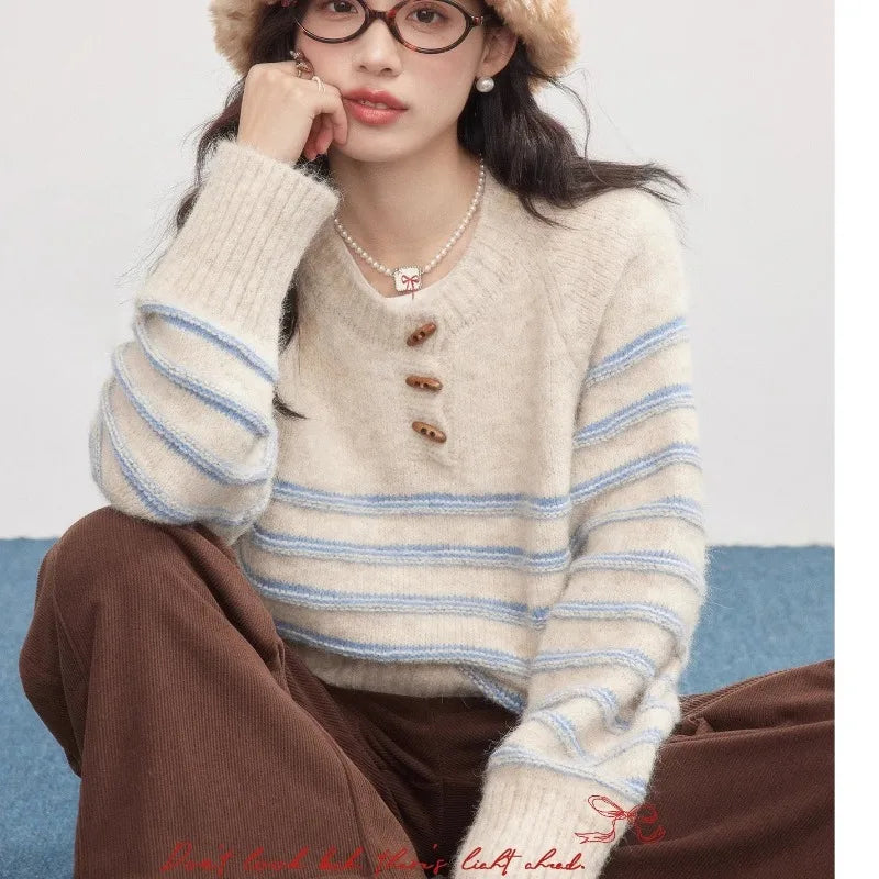 Women’s Striped Knit Pullover – Classic O-Neck Autumn Sweater