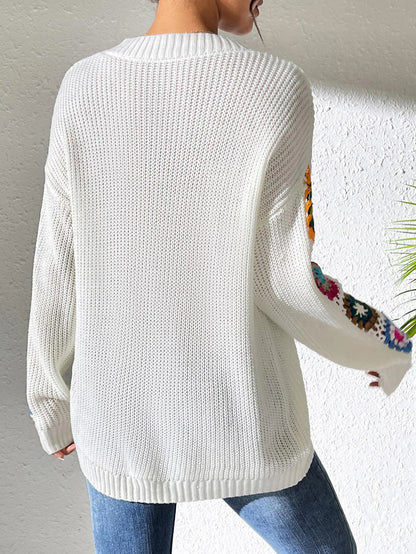 Elegant Solid Color Sweater for Women – Embroidery Design, Unique Cuff Detail, Versatile for All Occasions