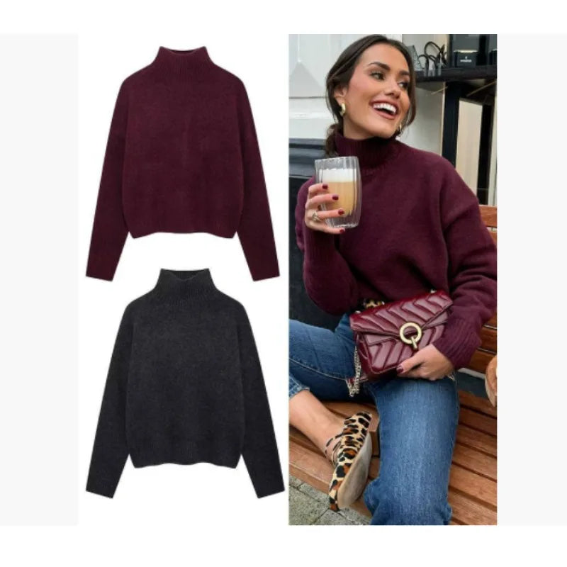 2025 Womens Thick Knitted Sweater Loose Fit Idle Style Pullover Half Polo Turtleneck Versatile Winter Top