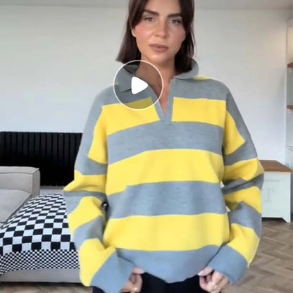 2026 Striped Knit Polo Sweater – Women’s Loose Pullover