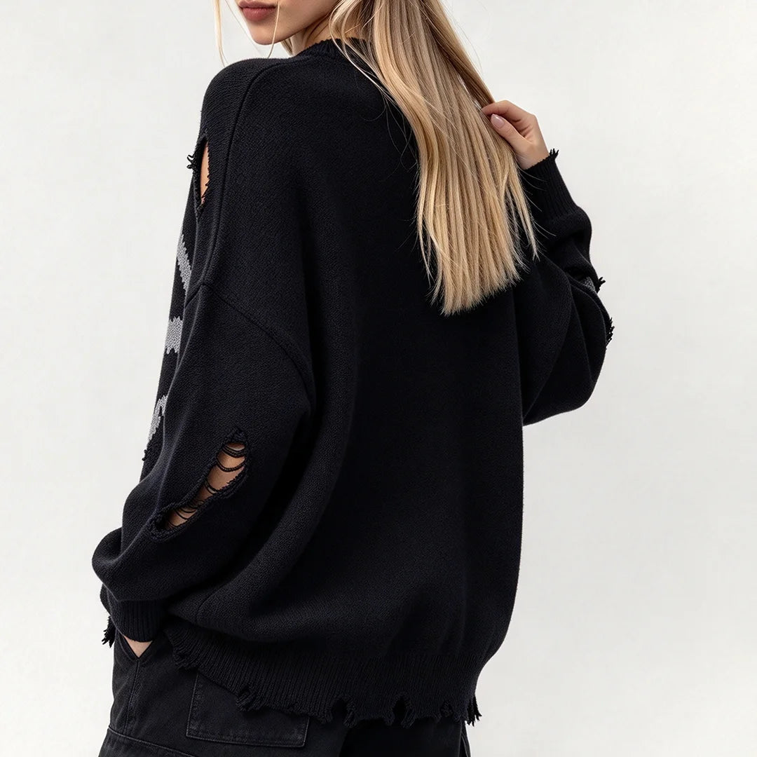 Alt Goth Halloween Style: Ripped Skull Sweater for October Nights