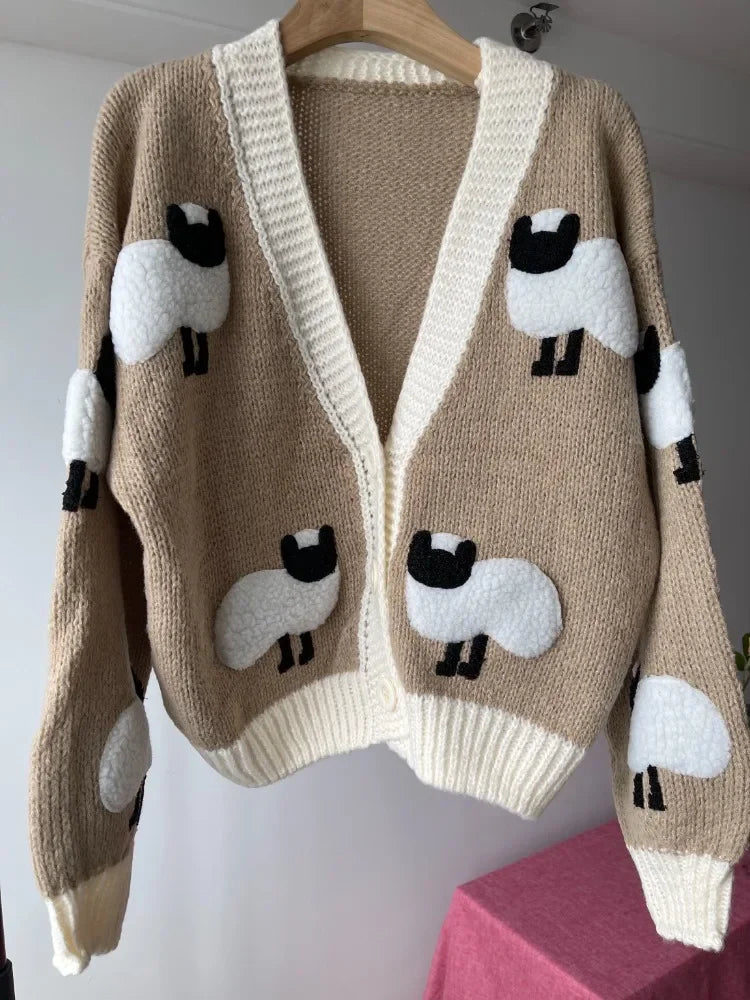 Chunky Sheep Crochet Cardigan – V-Neck Autumn Sweater