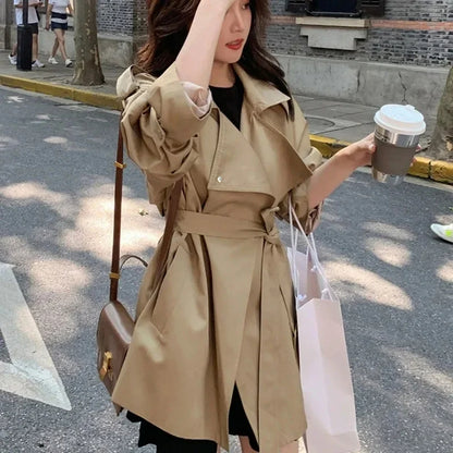 Elegant Office Fashion Lapel Collar Windbreaker Trench Coats with Sashes